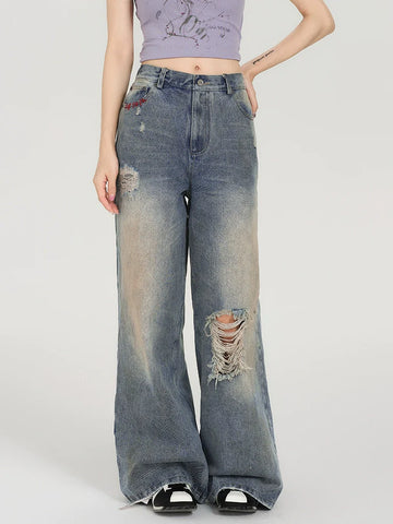 Girlyhalo Women's Retro Washed Distressed Straight-Leg Jeans-S-Blue-Free Shipping Leatheretro