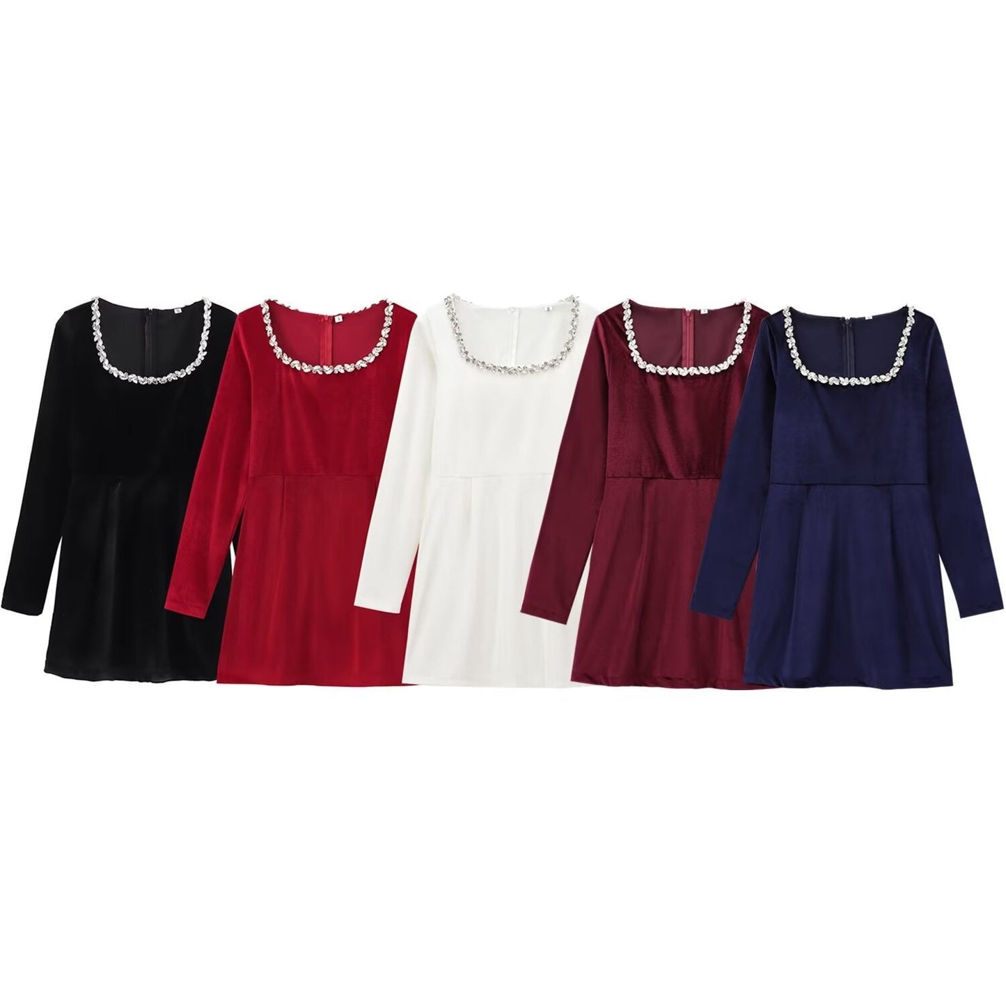 Elegant Velvet Fitted Diamond-Embellished Long-Sleeve Short Hemline Dress