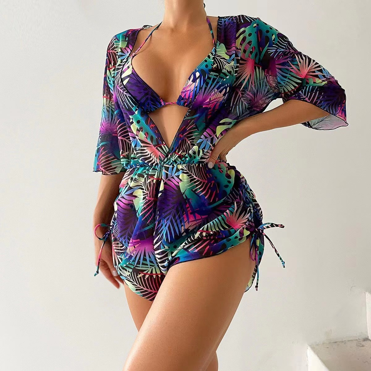 Sexy Net Drawstring 3pcs Women Swimsuits