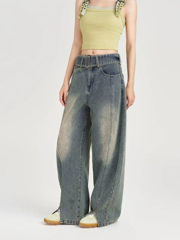 Girlyhalo Women's Vintage Washed Wide-Leg Jeans-S-Blue-Free Shipping Leatheretro