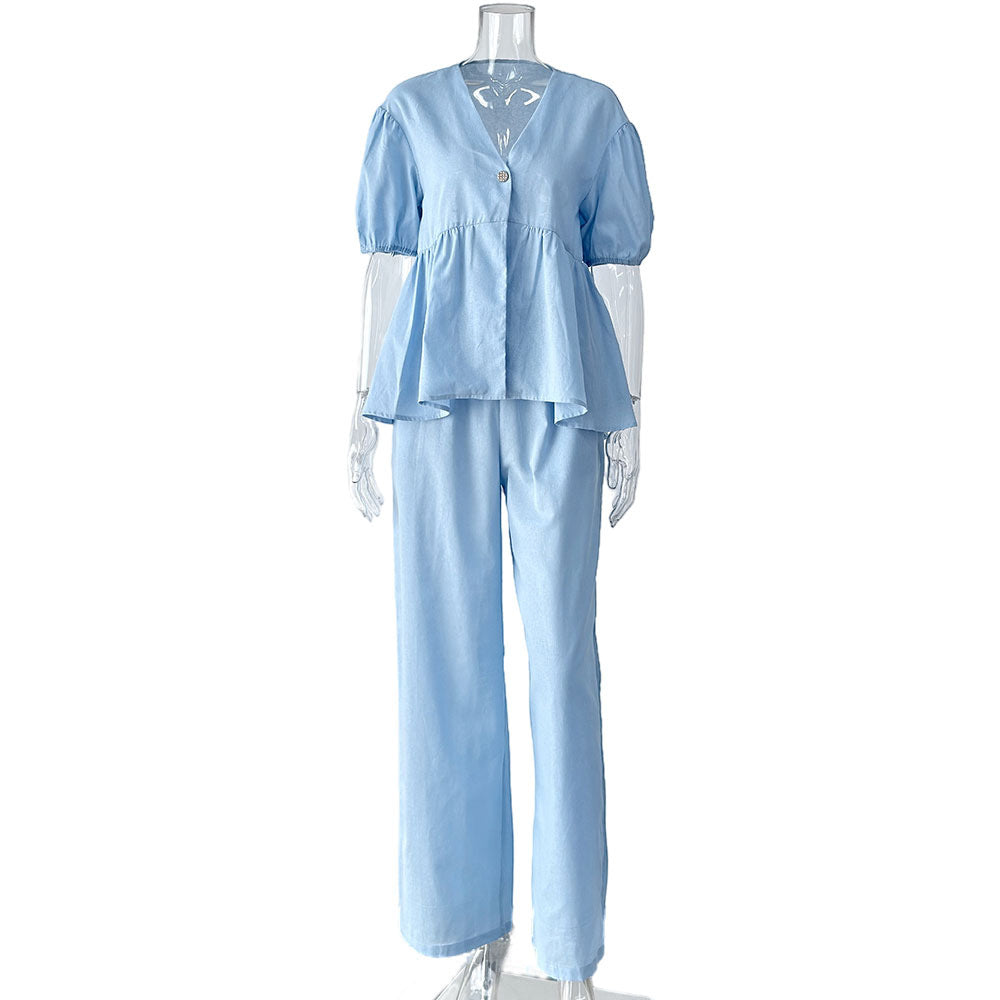 Sweet Solid Color Cotton Set - V-Neck Top & Bubble Sleeve Shorts 2-Piece Outfit