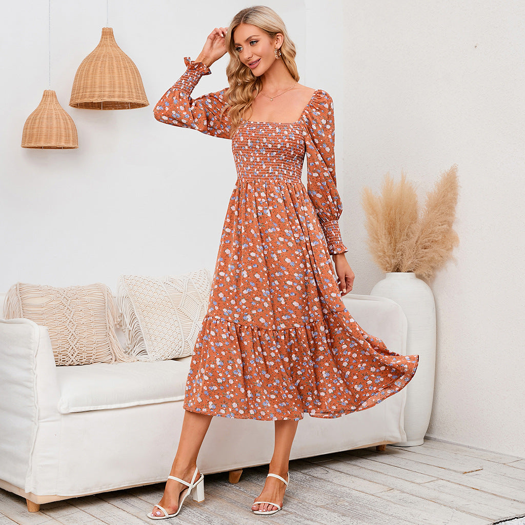Women's Floral Print Square Neck Chiffon Dress