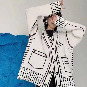 Oversized Black and White Graphic Doodle Knit Cardigan