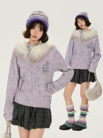 Girlyhalo Retro Tie-Dye Print Asymmetrical Design Women's Fall Coat with Fur Collar