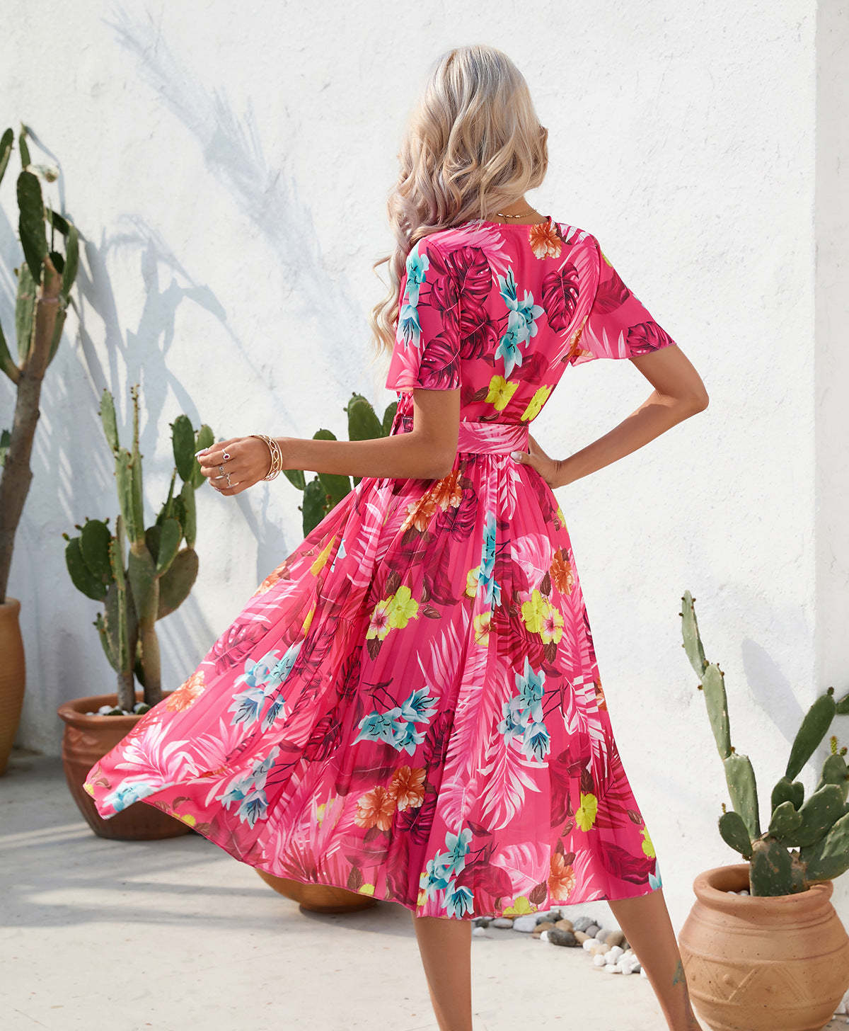 Summer Floral Print Crinkle Midi Short Sleeve Dress