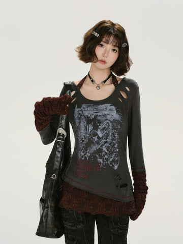 Girlyhalo Retro Patchwork Lace Distressed Long Sleeve T-Shirt