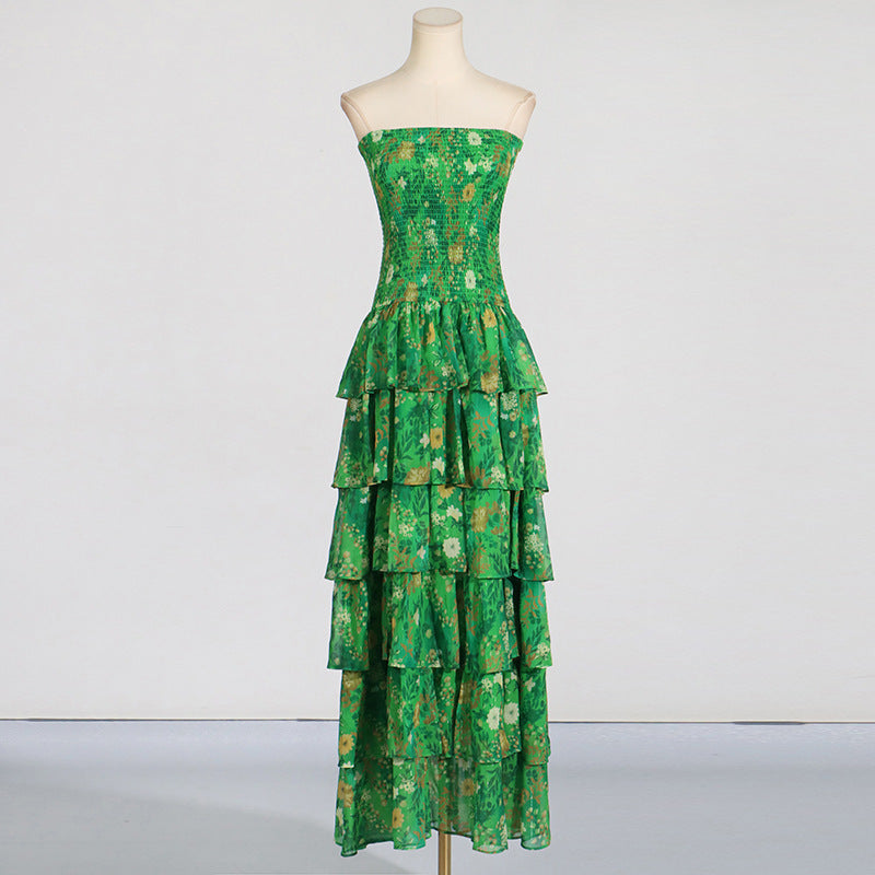 Designed Green Elegant Off-Shoulder Strapless Chiffon Maxi Dress