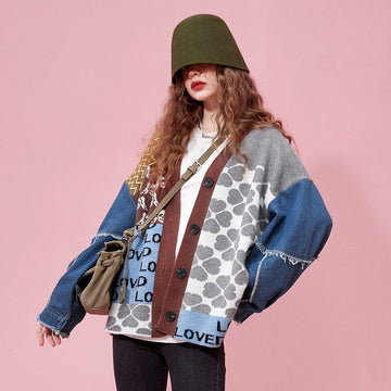 Women's Denim Patchwork Sweater Cardigan