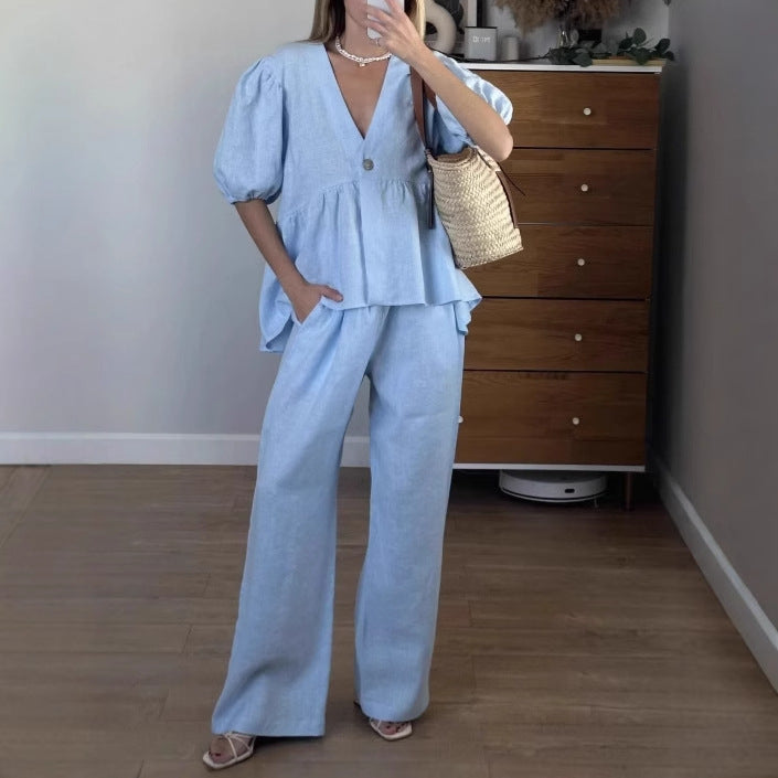 Sweet Solid Color Cotton Set - V-Neck Top & Bubble Sleeve Shorts 2-Piece Outfit