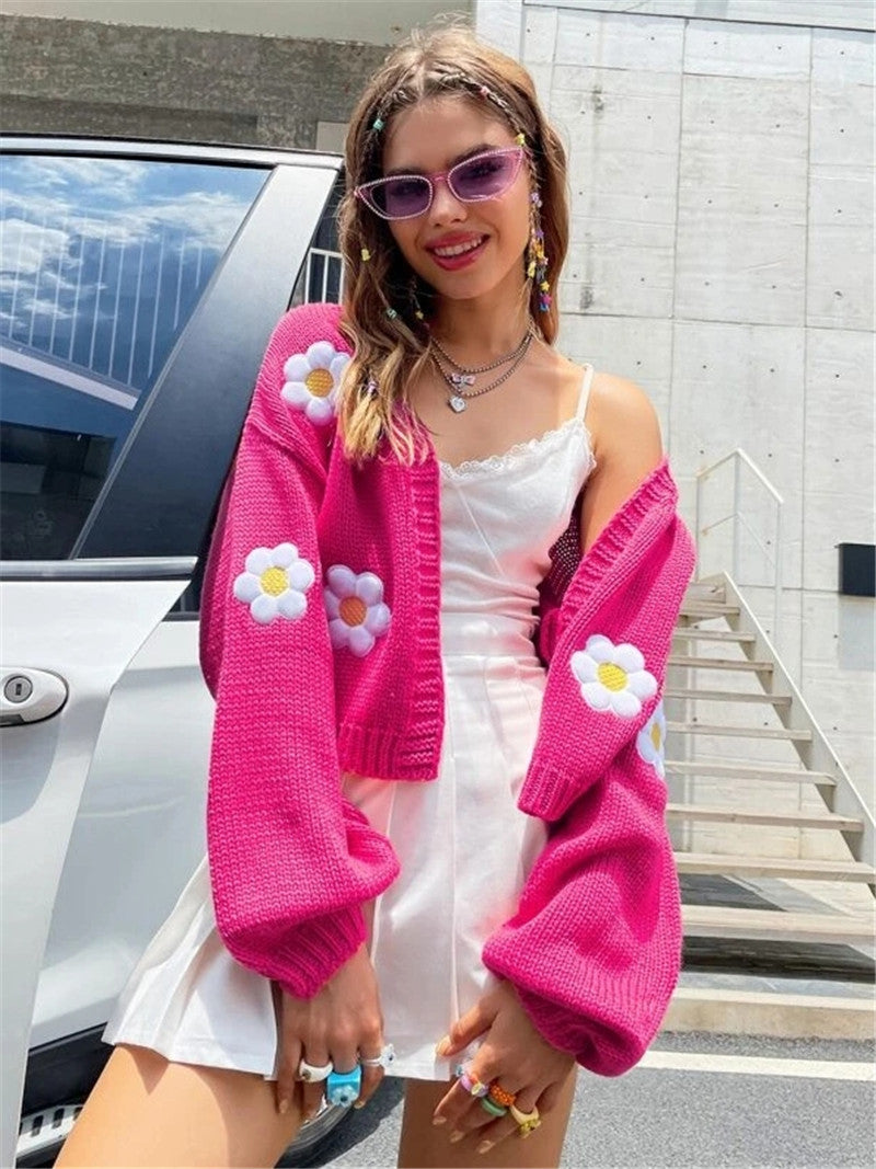 Sweety Floral Print Knitted Cardigan Sweaters