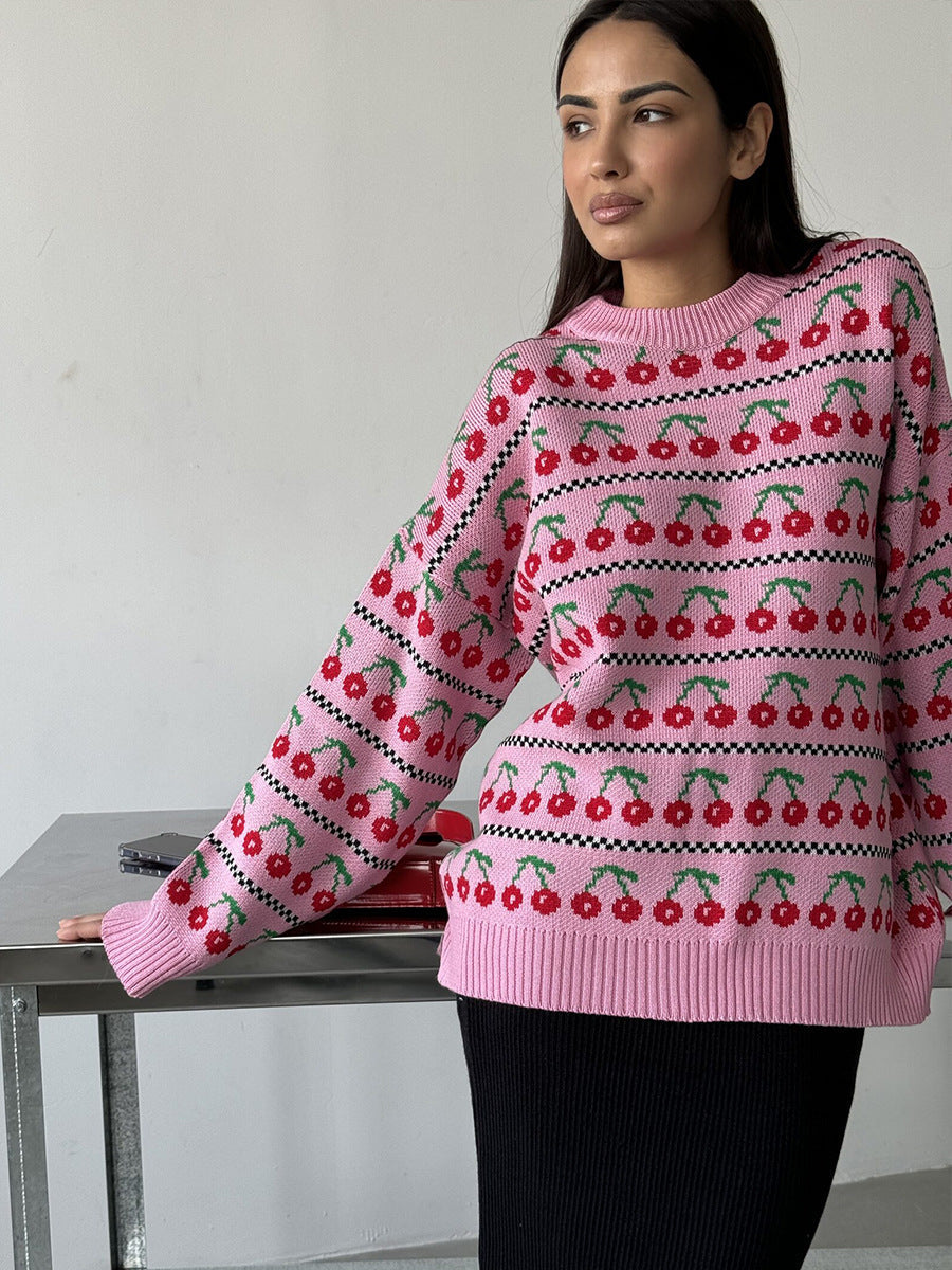 Purple Cherry Print Vintage Knitted Sweaters