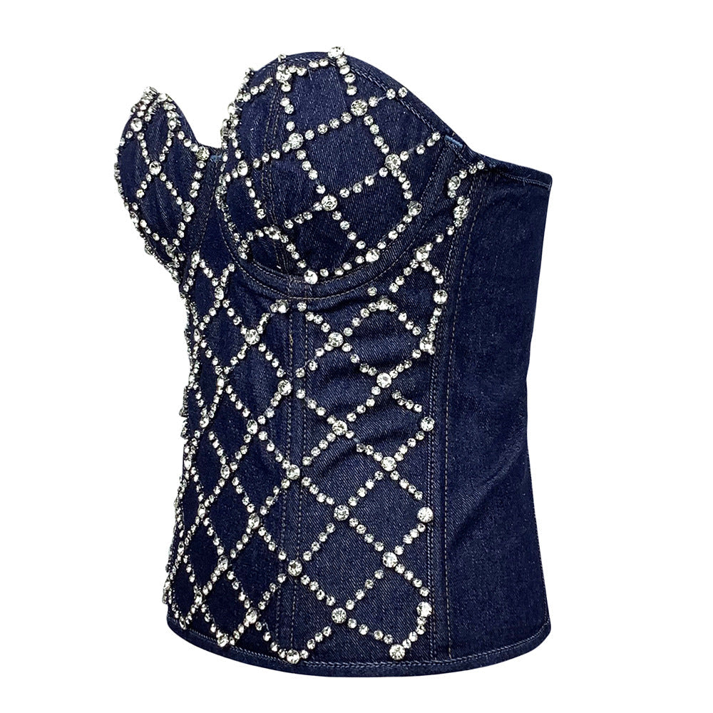 Vintage Diamond Studded Denim Corset Top