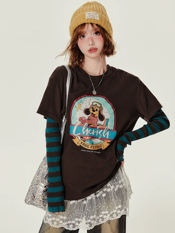 Girlyhalo Retro Fake Two-Piece Round Neck Long Sleeve T-Shirt-Color matching without lace-S-Free Shipping Leatheretro