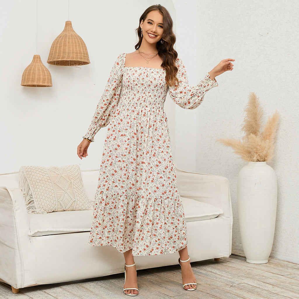 Women's Floral Print Square Neck Chiffon Dress