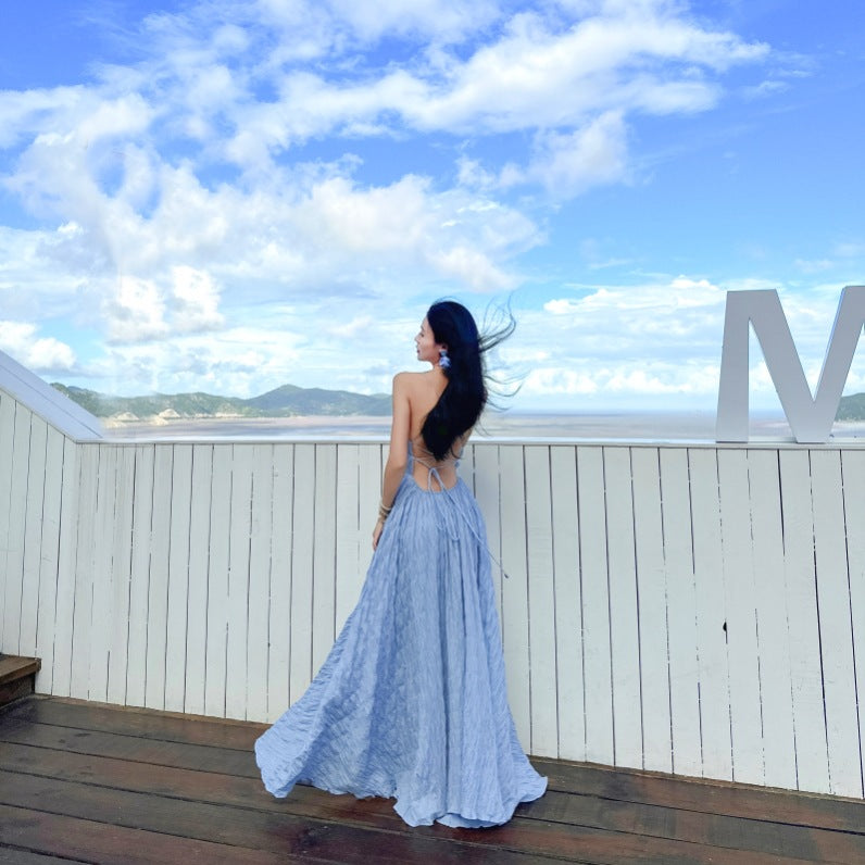 Summer Waves Blue Backless Maxi Dress