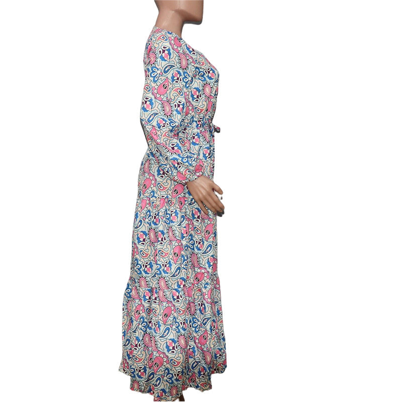 Bohemian V-Neck Long Sleeve Midi Dress – Fall Fashion Dress
