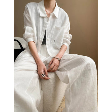 Luxury 100% Linen Sun Protection Shirt & Wide-Leg Pants Set – Breathable & Stylish