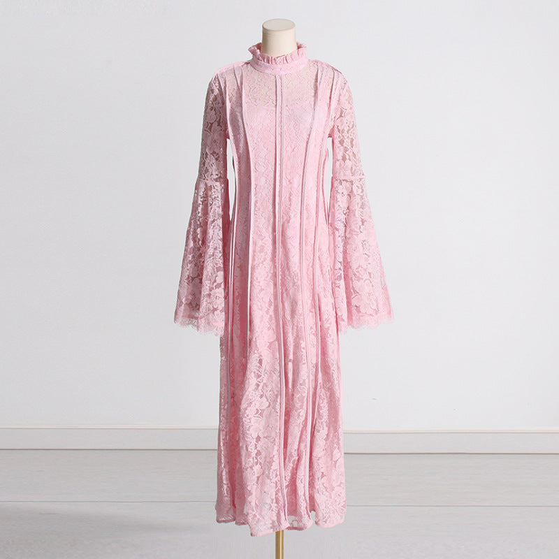 Retro Elegant Summer Lace Embroidered High-Waist Pleated Dress