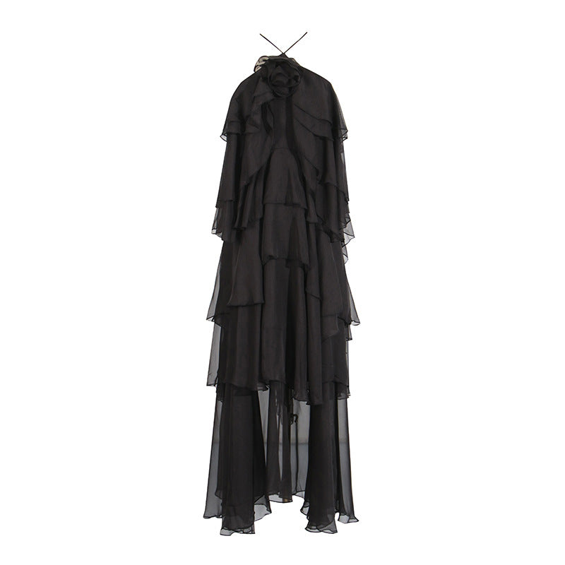 Elegant High-Society Style Dress – Off-Shoulder Backless Maxi Dress with Layered Hem