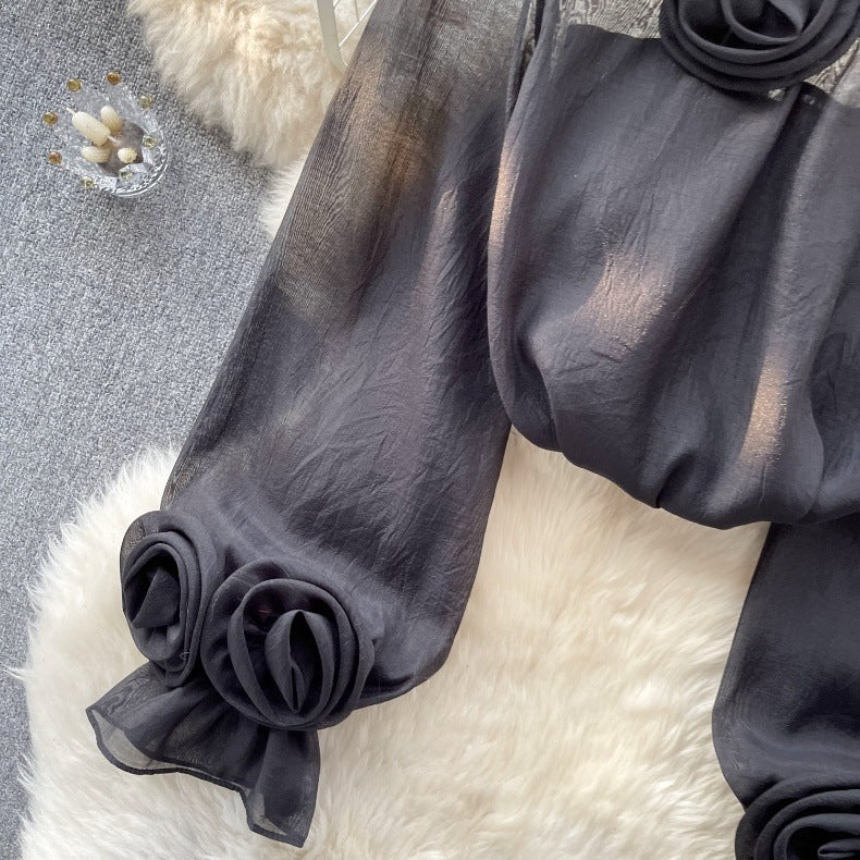 Designed 3D Flowers Chiffon Long Sleeves Shirts