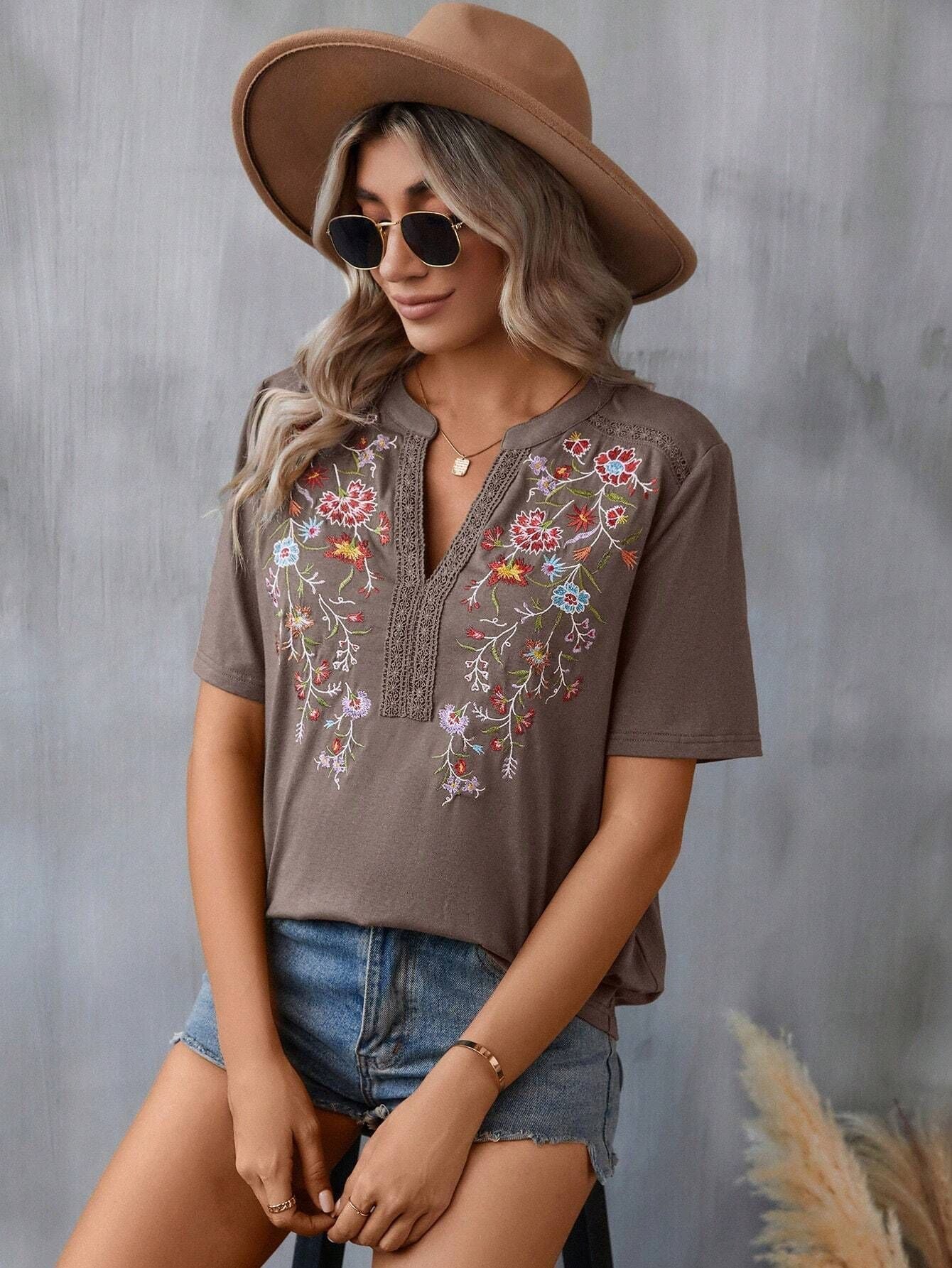 Summer Fashion Embroidered Lace Trim Top – Elegant Floral Detailing