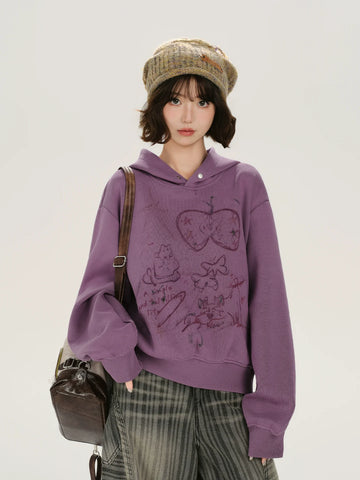 Girlyhalo Retro Print Distressed Hooded Long-Sleeve Sweatshirt
