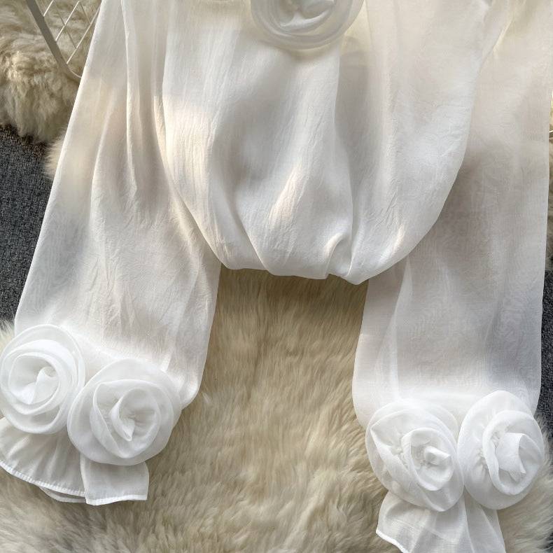 Designed 3D Flowers Chiffon Long Sleeves Shirts