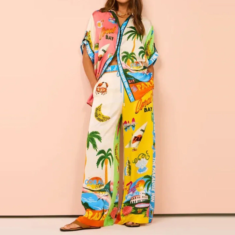 Printed Stand Collar Batwing Sleeve Loose Top with High-Waisted Wide-Leg Pant