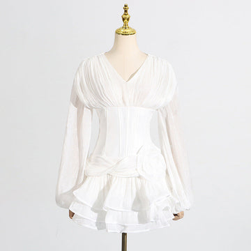 Designed Women's Summer V-Neck Puff Sleeve Short Hem Floral Ruffle Dress