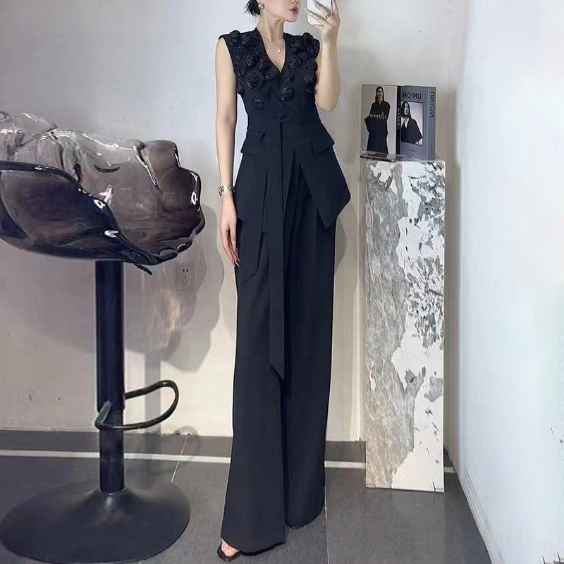 Designed Women's Fashion Floral Patchwork Sleeveless Tie-Front Vest & High-Waisted Wide-Leg Trousers Set