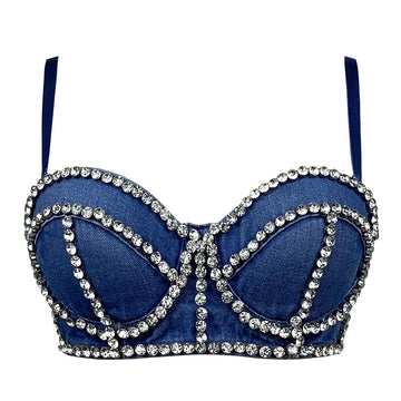 Cowfish Bone Inlaid Diamonds Detachable Straps Back-Closure Denim Corset Top