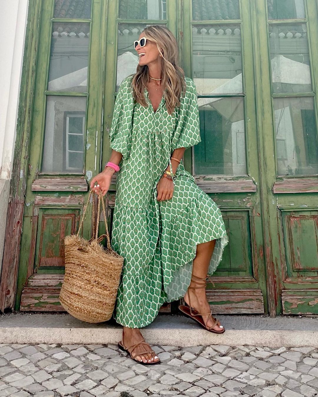 Plus Size Boho Print Dress with Puff Sleeves