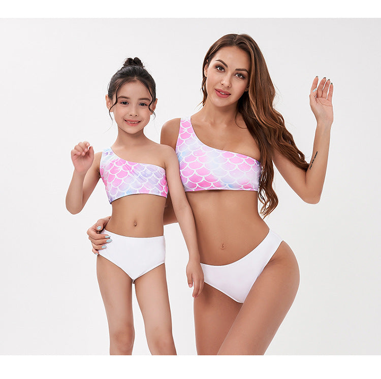 Sexy One Shoulder Mother and Daughter Two Pieces Swimwear