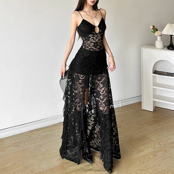 Summer Black Slim Fit High Waist V-Neck Mesh Slip Dress