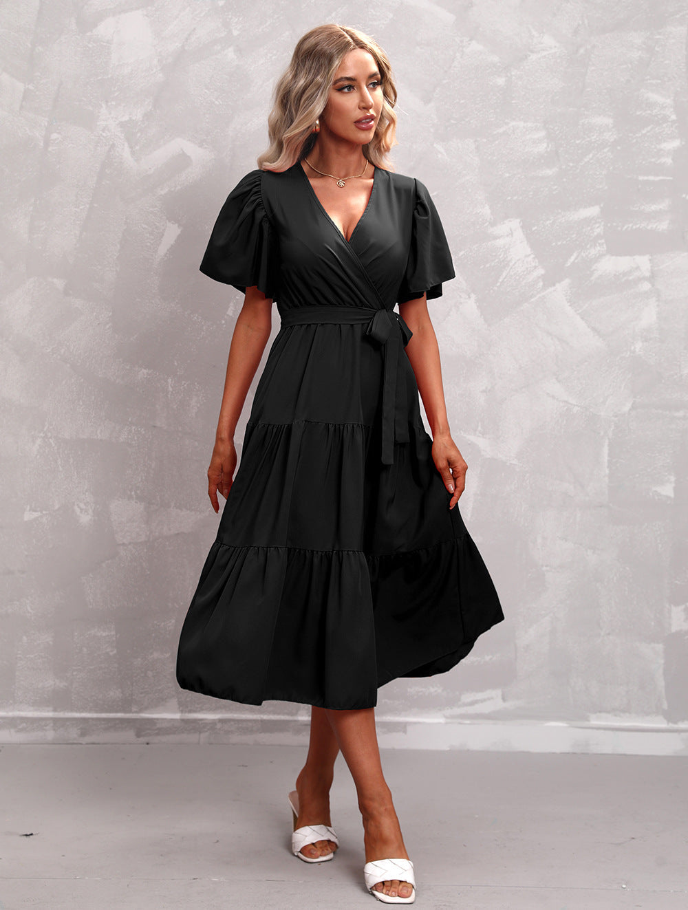 Women's Summer Solid Color V-Neck Short Sleeve Dress
