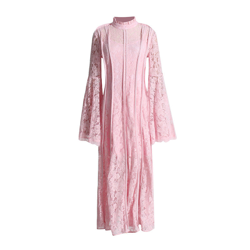 Retro Elegant Summer Lace Embroidered High-Waist Pleated Dress