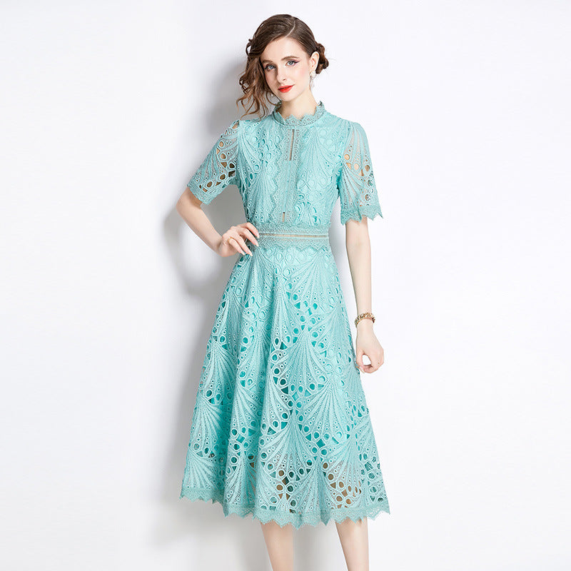 Elegant Round Neck Summer Midi Length Lace Dresses