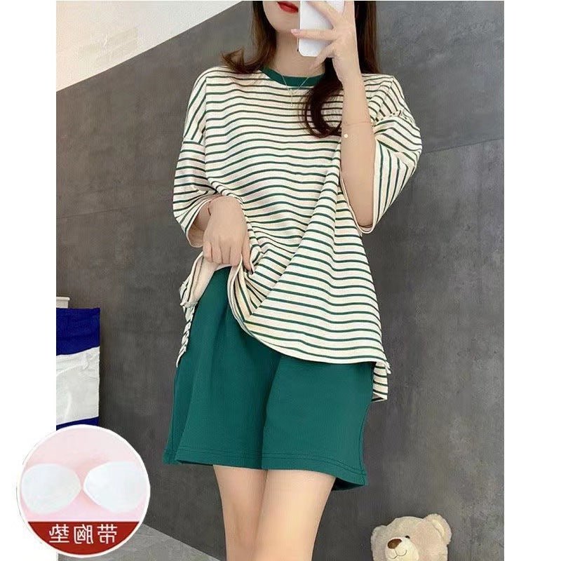 Casual Striped Summer Short Sleeves Shirts & Shorts Homewear