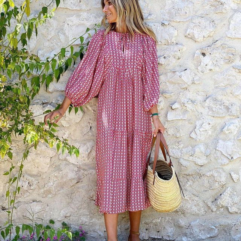 Plus Size Boho Print Dress with Puff Sleeves