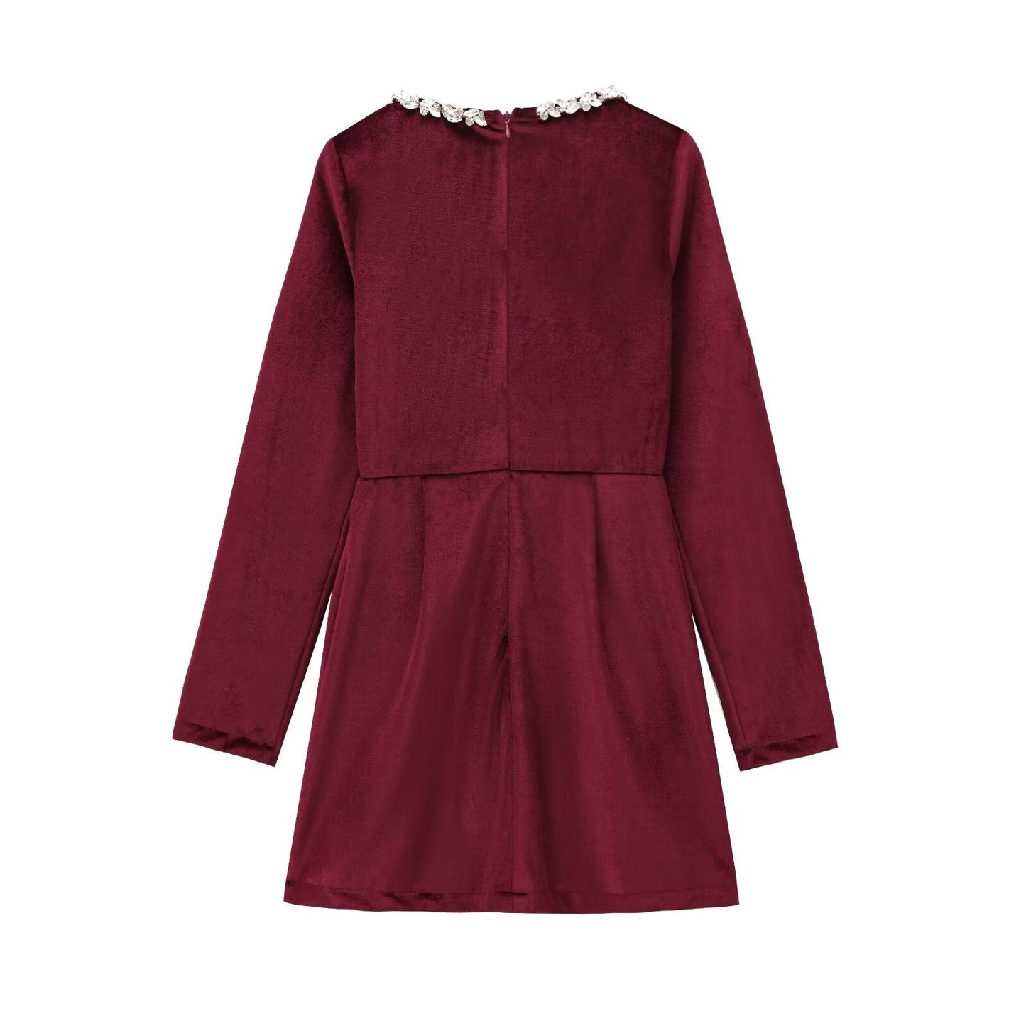 Elegant Velvet Fitted Diamond-Embellished Long-Sleeve Short Hemline Dress