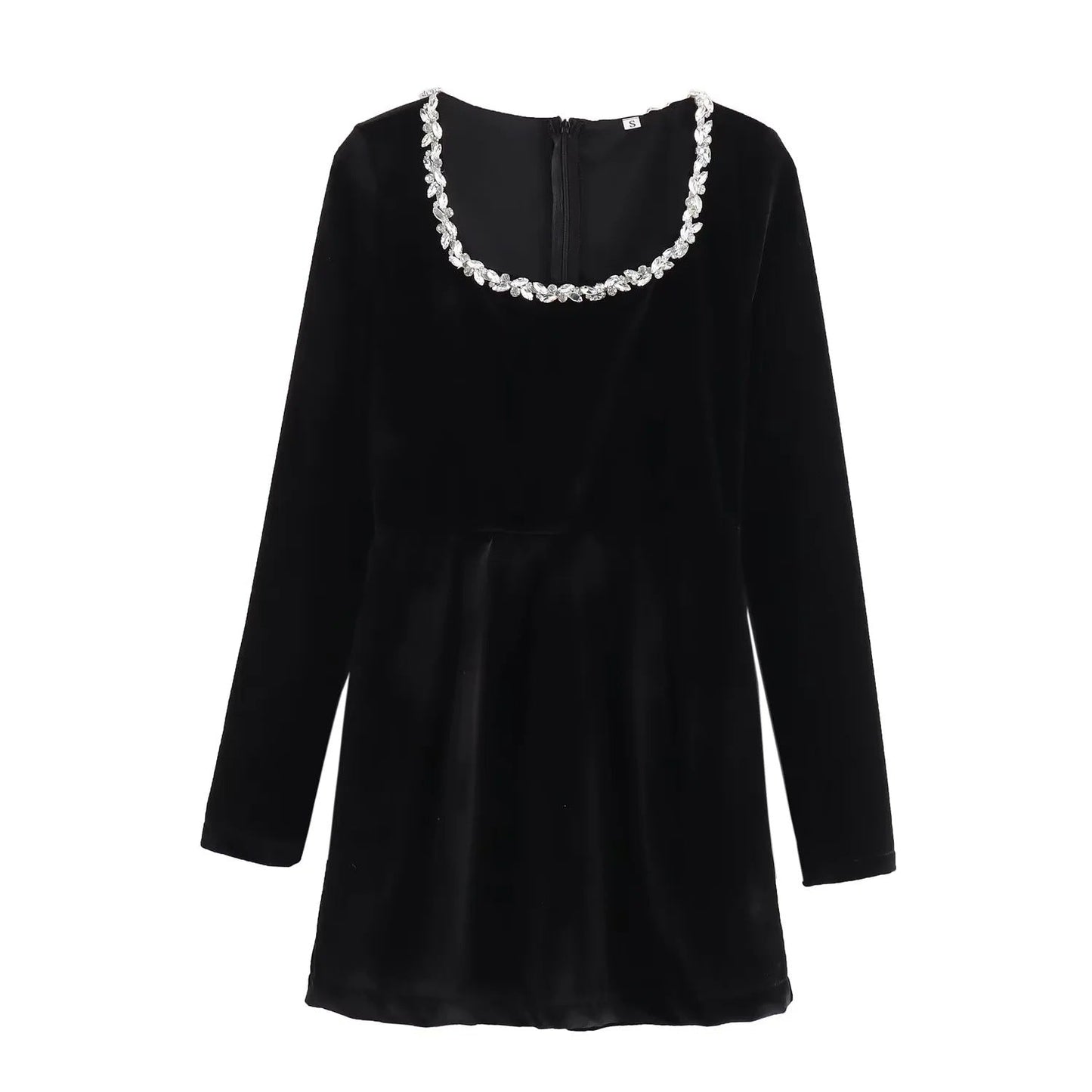 Elegant Velvet Fitted Diamond-Embellished Long-Sleeve Short Hemline Dress