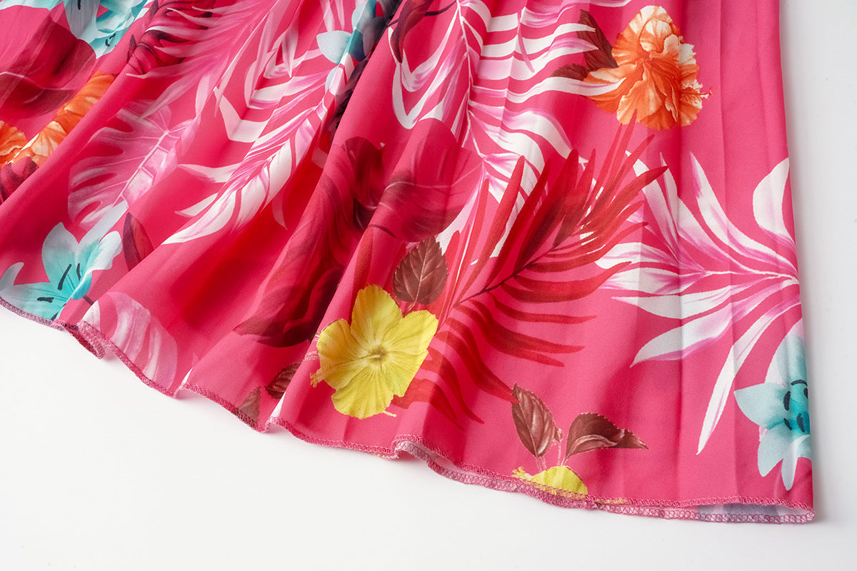 Summer Floral Print Crinkle Midi Short Sleeve Dress