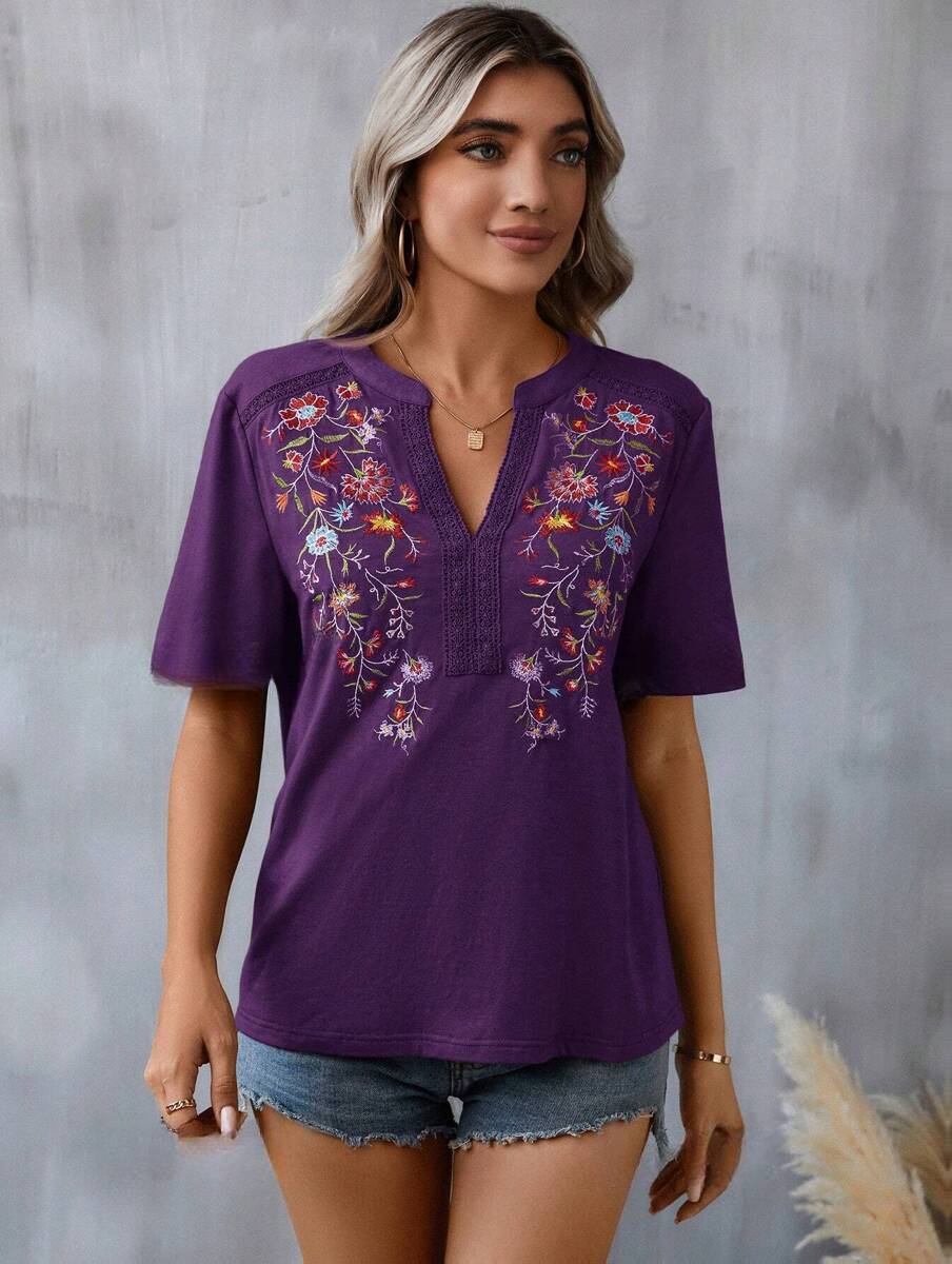 Summer Fashion Embroidered Lace Trim Top – Elegant Floral Detailing