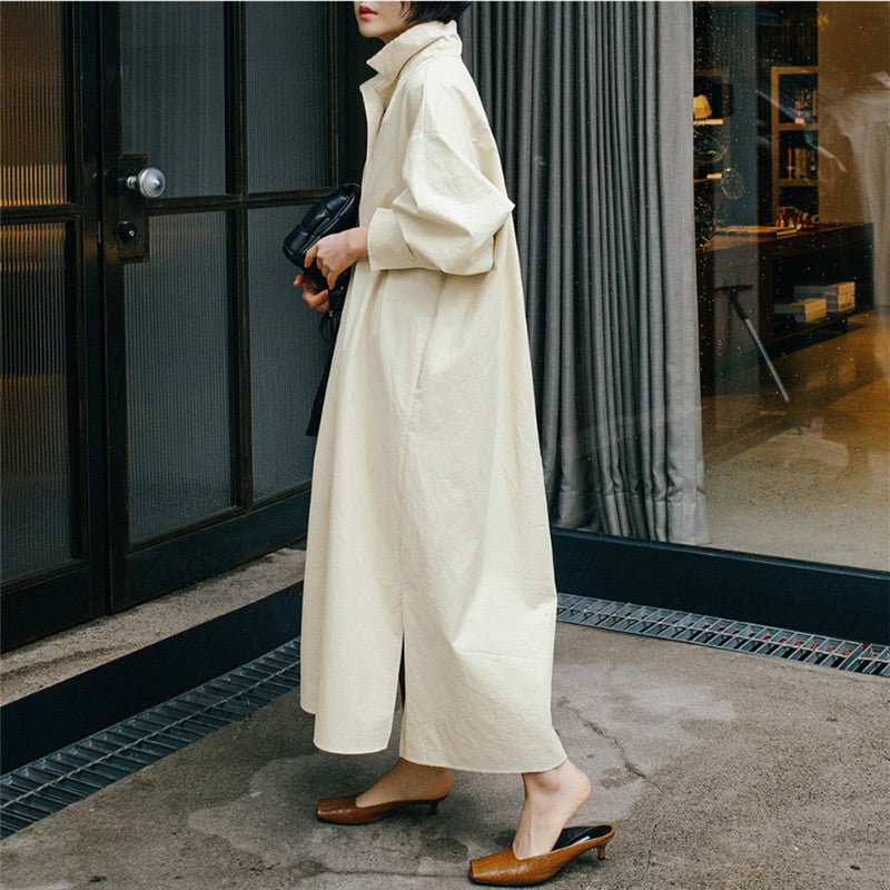 Class Bowknot Long Sleeves Maxi Shirt Dresses-Cozy Dresses-Ivory-S-Free Shipping at meselling99