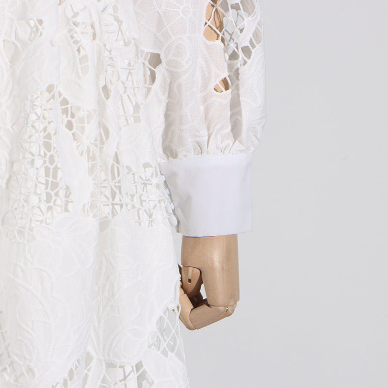 Vintage Collar Long Lantern Sleeve Mid-Length Embroidery Lace Solid Color Dress