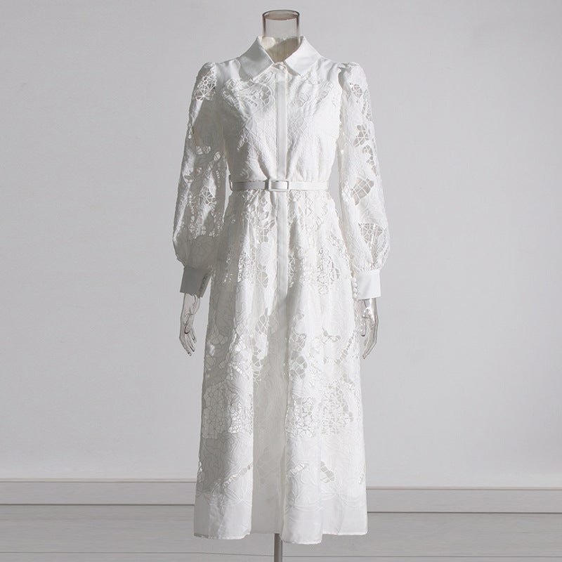 Vintage Collar Long Lantern Sleeve Mid-Length Embroidery Lace Solid Color Dress
