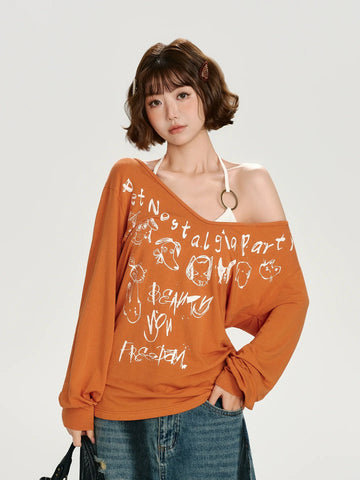 Girlyhalo Retro Babe Print Off-Shoulder Long Sleeve T-Shirt