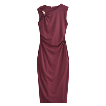Gold Trim Asymmetrical Neckline Sleeveless Midi Dress