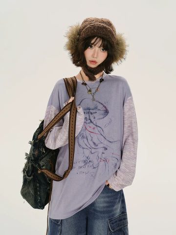 Girlyhalo Retro Color-Block Jellyfish Print Long Sleeve T-Shirt