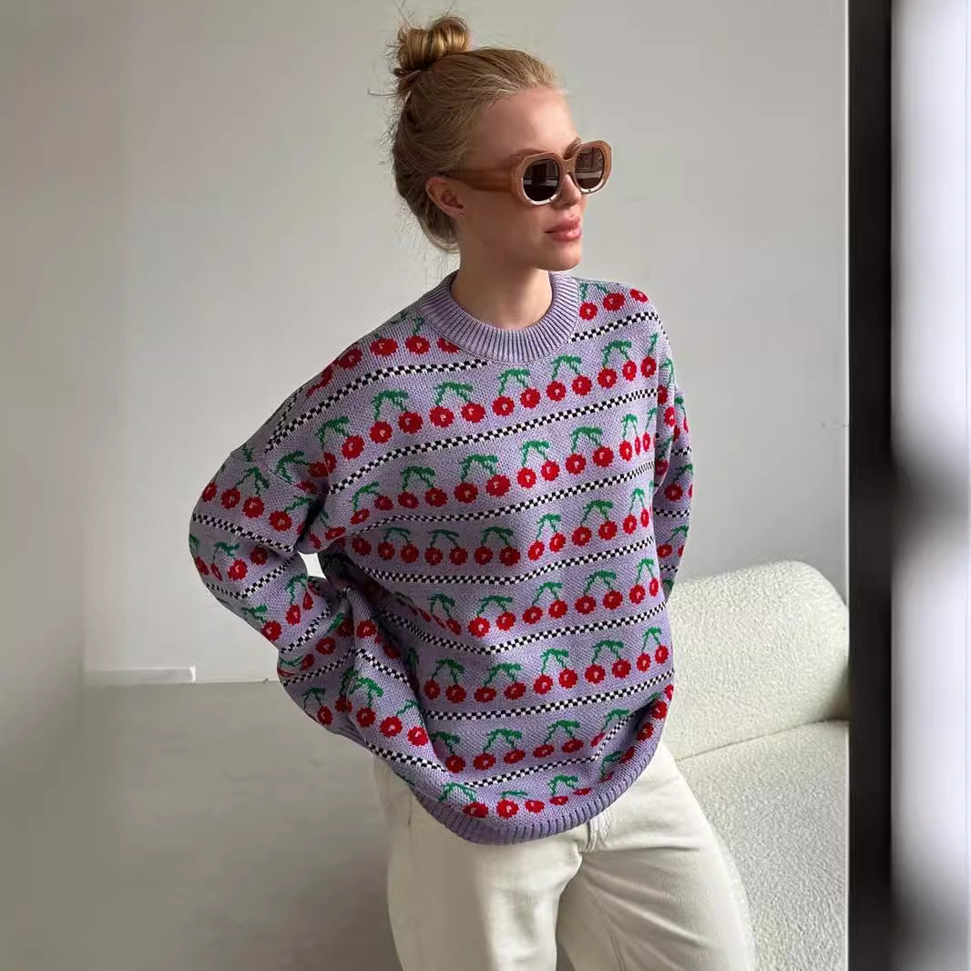 Purple Cherry Print Vintage Knitted Sweaters